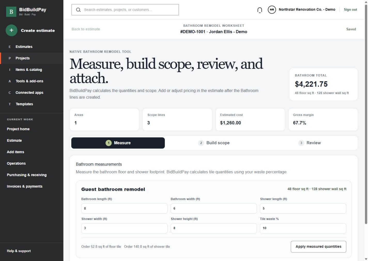 BidBuildPay Bathroom estimator showing bathroom and shower measurements