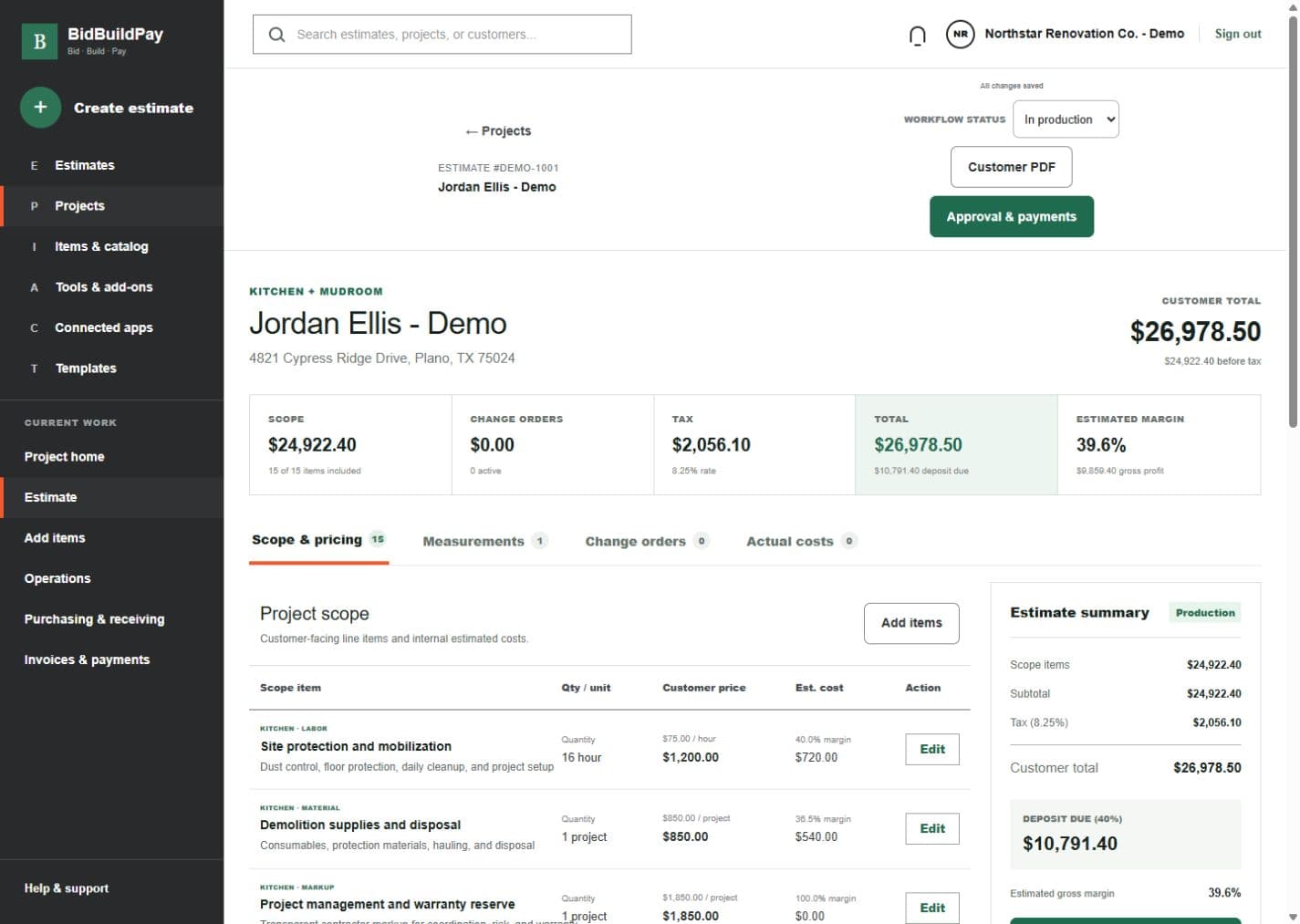 BidBuildPay estimate workspace for synthetic project DEMO-1001