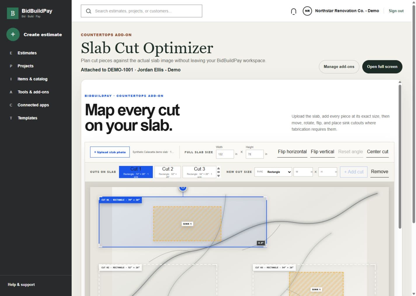 BidBuildPay Slab Cut Optimizer placing three countertop pieces on a synthetic slab